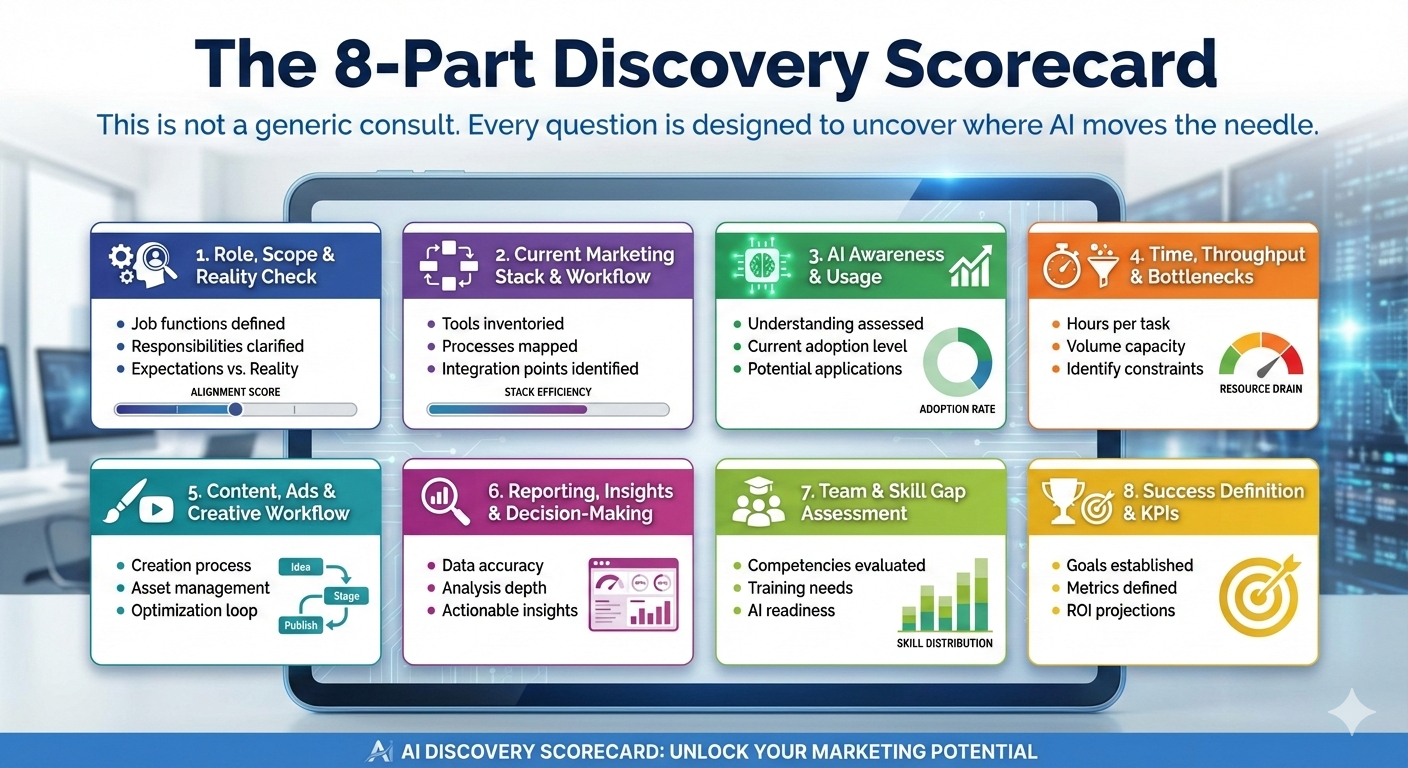 The 8-Part AI Discovery Scorecard - Role and Scope, Marketing Stack, AI Awareness, Time and Bottlenecks, Content and Ads, Reporting and Insights, Team Skills, Success KPIs